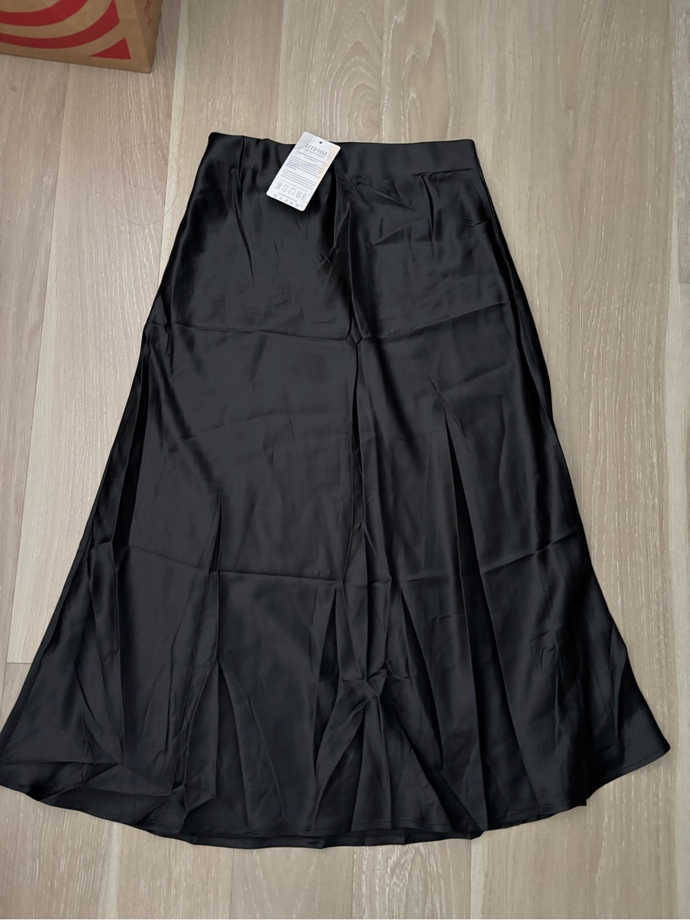 Black Satin A-Line Midi Skirt by